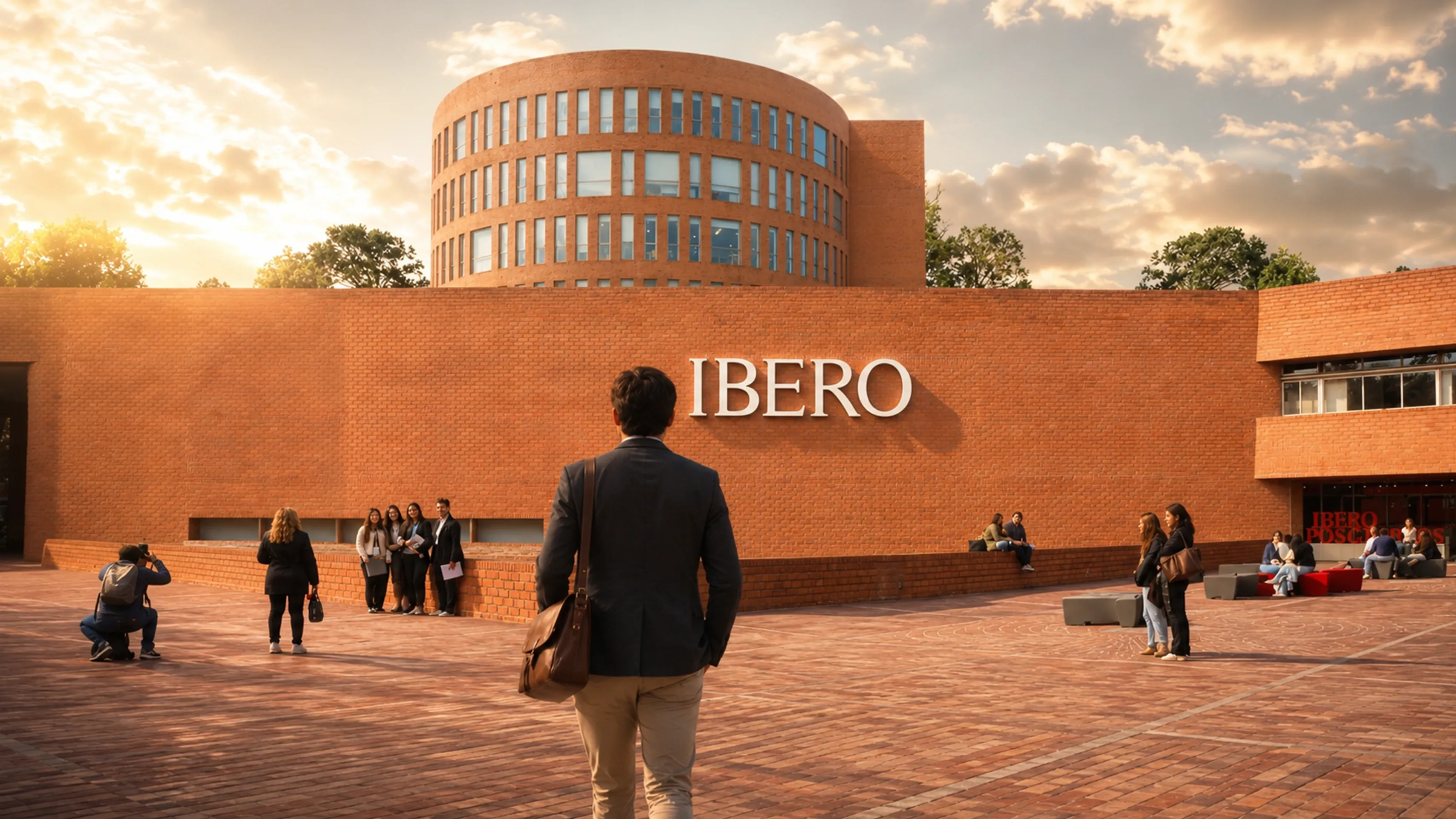 Egresado IBERO contra la puesta del sol caminando al edificio T.